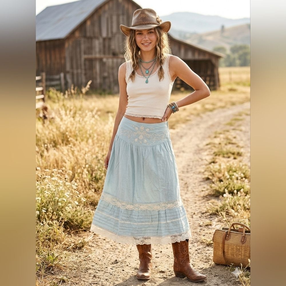 Angie Boho Embroidered Light Blue Maxi Skirt NWOT